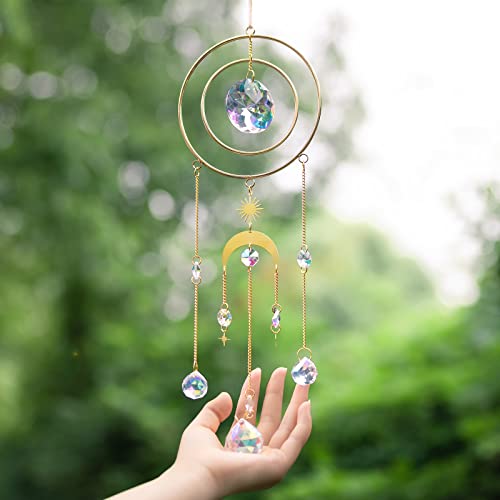 Sonnenfänger Kristall Windspiel,Kristallanhänger Gold Mond Stern Regenbogen Reifen Aesthetic Kristalle Anhänger, Fensterdeko ​Ornament kristalkugel Hängend für Zimmer Decken Garten Dekoration Cover