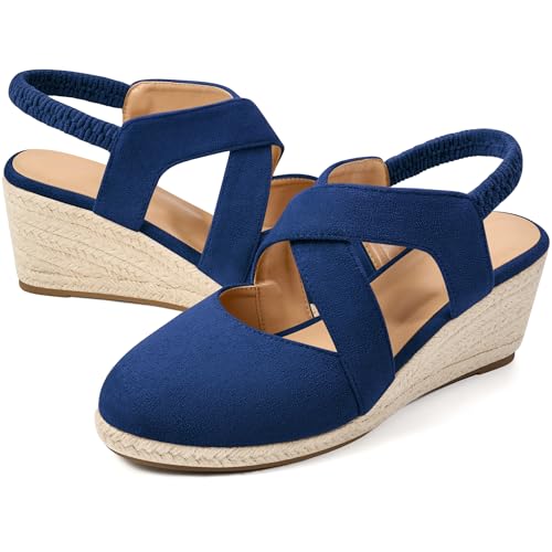 Image of HARENCE Espadrilles Wedge Sandals for Women: Comfortable Closed Toe Ankle Strap Elastic Shoes Summer Dressy Platform Heels