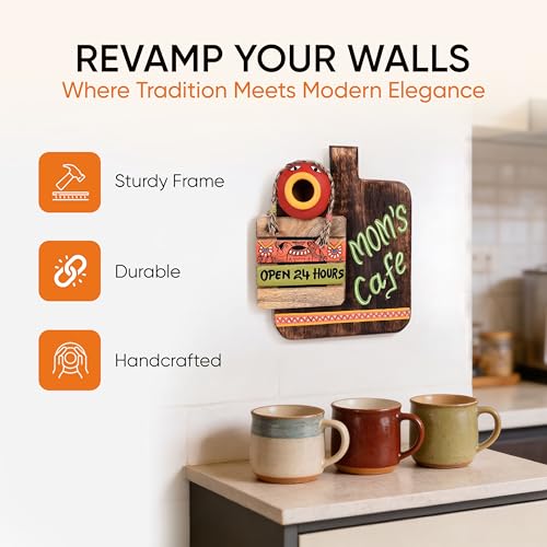 Image of AAKRITI ART CREATIONS Kitchen Decor Mom's Cafe Handcrafted, Madhubani Art Wooden Wall Hanging Panel Set of 1, Natural Brown | Matte Finish Wooden | Home Decor for Kitchen, Dining Area