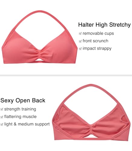 Image of OMKAGI Halter Sports Bras for Women Padded Strappy Bra Open Back Workout Gym Crop