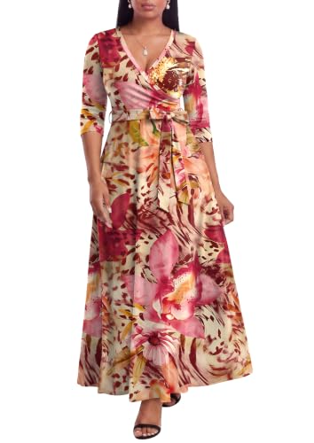 Image of FANDEE Plus Size Maxi Dress for Women Casual Summer Sundress V-Neck 3 /4 Sleeve