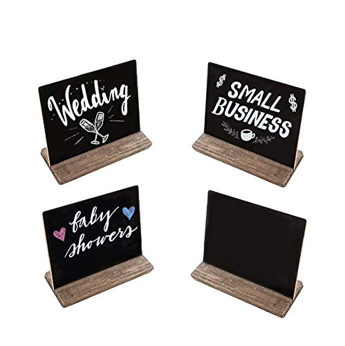 Mini Chalkboard Signs with Wooden Stands + 12 Pack of Chalk | Small Tabletop Size Chalkboards | Rustic Wedding Decorations | Baby Showers | 5” X 6” Set of 4 | Bonus Chalk Art E-Book
