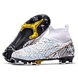 curunect Boys Girls Soccer Cleats Lightweight High-top Training Football Shoes for Youth Non-Slip Kids Soccer Futsal Shoes, Tacos de Futbol para niños, White/Gold/Black, Big Kid 3
