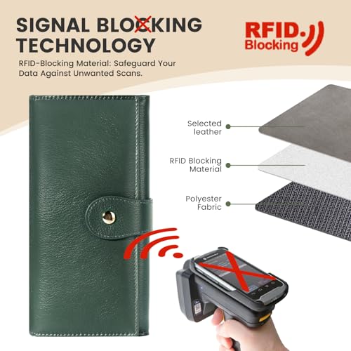 Professional RFID Blocking Wallet for Women - Genuine Leather Work Purse with Phone Pocket, Large Capacity Organizer for Credit Cards, ID, Cash & Office Essentials (Green)4