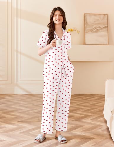 Image of Ekouaer Women's Cotton Pajamas Set Short Sleeve Button Down Pjs with Pants