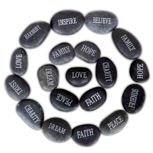 Barelove 12pcs DIY Rocks for Engraved Polished Painting River Stones 12 Different Words, Inspirational Stones Flat River Rocks for Arts, Crafts, Aquarium Plants Decoration (Black-Black Words)