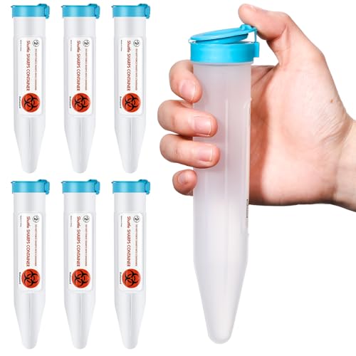 Colingmill 6 Count Portable Sharps Container Small Needle Disposal Containers with Locking Lid for Home and Travel Use Puncture Resistant Transportable for Pen Needle Lancets Syringes (Blue)