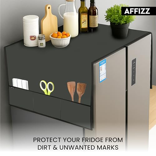 Image of Premium Fridge Cover Top for Double Door Refrigerator - Washable, Water-Resistant Polyester Refrigerator Cover Top with 6 Side Pockets for Kitchen Accessories, Dustproof (Dark Grey)