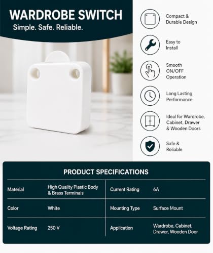 Image of Automatic Wardrobe Cabinet Door Light Switch, Push-to-Off Door Activated Switch for Wardrobe, Closet, Cupboard, Cabinet & Furniture Lights, White, Pack of 8