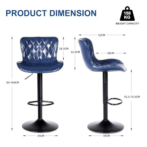 Image of Youhauchair Adjustable Faux Leather Bar Stools Set of 3, Blue1 | Swivel, Counter Height, Back & Footrest, Armless, PU, Modern, Kitchen Island Stool, Upholstered Dining Room Chair