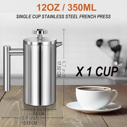 Small French Press Coffee Maker 1 Cup - 12oz/350ml Single Cup Metal French Press(1 Cup), Stainless Steel Double Wall Insulated Coffee & Tea Maker w/ 3 Extra Screens + 1 Spoon (Silver), Dishwasher Safe - 2