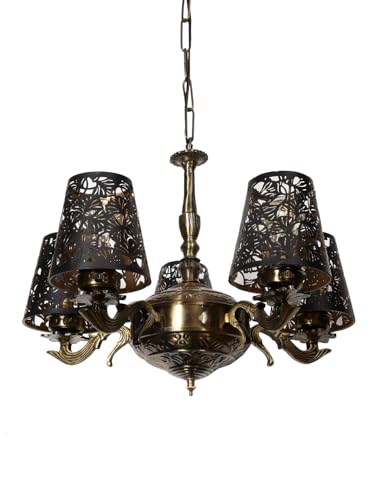 Image of Devansh 05 Lights Metal Etched Shade with Antique Golden Chandelier -ZB