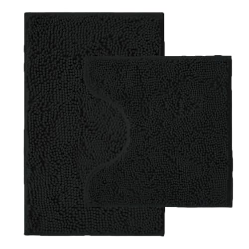 Bathroom Rugs Sets 2 Piece,Super Absorbent Chenille Bath Mats and U-Shaped Toilet Rug,Strong PVC Non Slip Backing,Microfiber Washable Dry Quickly Bath Mats for Bathroom(20"x32"+20"x20"U, Black) by Catabatic - Used condition - US$24.29