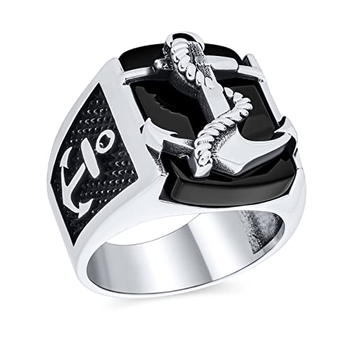 Bague chevalière en argent massif pour homme avec ancre de bateau et onyx