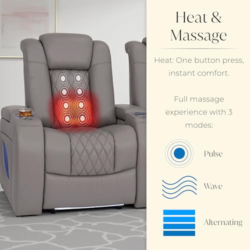 Image of Seatcraft Virtuoso LT Gray Italian Leather Home Theater Seating, Zero Gravity Power Recliner, Powered Headrest and Lumbar Gaming and Home Office Chair, Heat and Massage Lounge Sofa, Single Recliner