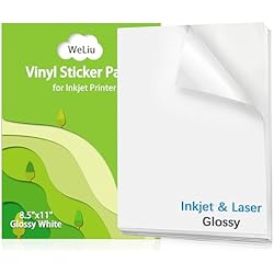 Weliu Printable Vinyl Sticker Paper for Inkjet and Laser Printer - Glossy White Waterproof Decal Paper - 21 Sheets 8.5