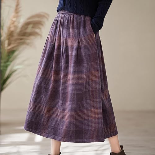 Womens Plaid Skirts Elastic Waist A-Line Pleated Tartan Long Skirts 2025 Fall Winter Retro Woolen Plaid Skirt2