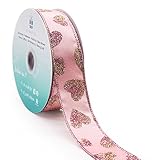 CT CRAFT LLC Rose Pink Satin with Glitter Heart Wired Ribbon for Craft Packing, Gift Wrapping, DIY C