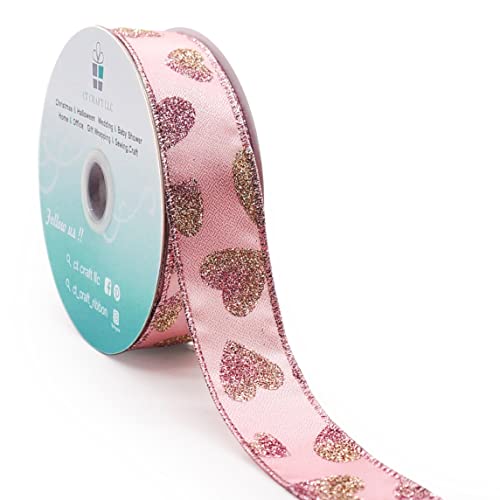 Ct Craft Llc Rose Pink Satin With Glitter Heart Wired Ribbon For Craft Packing, Gift Wrapping, Diy Craft, Valentine's Day Decoration- 1.5" X 20 Yards X 1Roll #TOP3