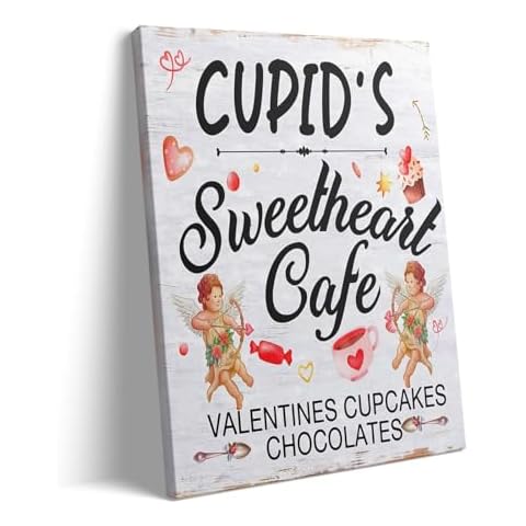 Sunwes Cupid's Sweetheart Cafe Valentine's Day Canvas Wall Art Romantic Inspirational Quote Wall Art Cupcakes, Chocolates, and Cherubs Theme Couple Gift for Valentines Wedding Home Decor 11x14inch Cover