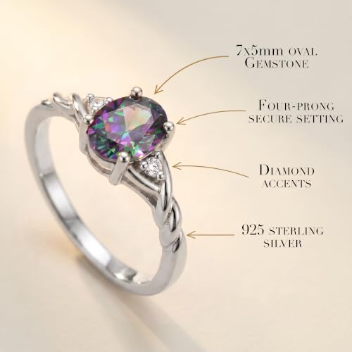 Image of Rylos Sterling Silver Classic Birthstone Ring - 7X5MM Oval Gemstone & Diamonds - Women's Jewelry, Sizes 5-10