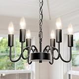 hansang Black Chandelier for Dining Room, Rustproof 6-Light Farmhouse Chandelier Light Fixture, 47Inches Modern Candle Hanging Light for Bedroom, Adjustable Rope, E12 Small Base, Bulbs Not Included