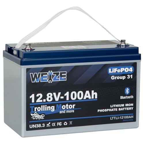 Image of Weize 12V 100Ah Bluetooth Trolling Motor LiFePO4 Battery Group 31, Low-Temp Protection Deep Cycle Lithium Battery 100A BMS 500A /3S Peak Discharge for Marine, Boat, RV, Solar