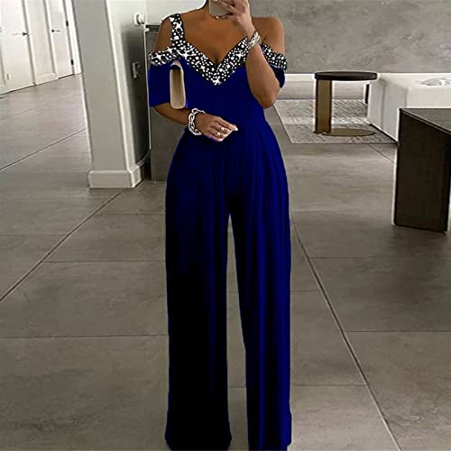 Sequin Romper Women Off The Shoulder Cocktail Attire For Women Wedding Guest Short Sleeve V Neck Sparkly Jumpsuits For Women Dressy 2-Blue Large