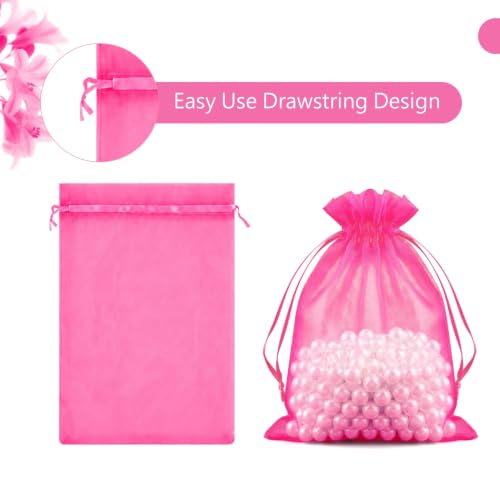 Image of FUNFERY 100PCS Hot Pink Organza Gift Bags 6x9in,Drawstring Jewelry Pouch