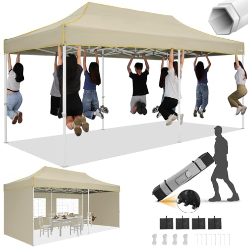 Image of HOTEEL 10x20 Heavy Duty Pop Up Canopy Tent with 4 Sidewalls, Commercial Outdoor Canopy Tents for Parties Event Wedding with Roller Bag, Waterproof & UV 50+, Upgraded Thickened Hexagonal Legs, Khaki