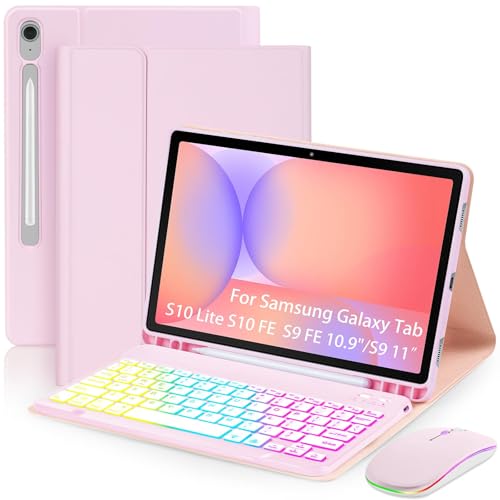 Image of EAMPANG Case with Keyboard Mouse for Samsung Galaxy Tab S10 Lite /S10 FE 5G /S9 FE 10.9 Inch /S9 11 Inch,7 Color Rainbow Backlit Detachable USB-C Keypad Magnetic Cover with Pencil Holder Pink