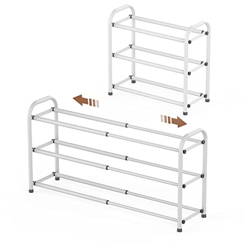 Image of Gonfoam Expandable 3-Tier Shoe Rack for Closet and Entryway, White | Tool-Free Assembly, Metal Material, Adjustable Shoe Organizer, Sturdy, Small Space Solution, Dorms, Garages, Apartments.