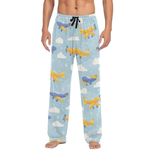 Vdsrup Men's Pajama Pants Airplane Blue Pajama Pants for Men PJs Bottoms Drawstring Pockets Cartoon Sleep Lounge Pants S