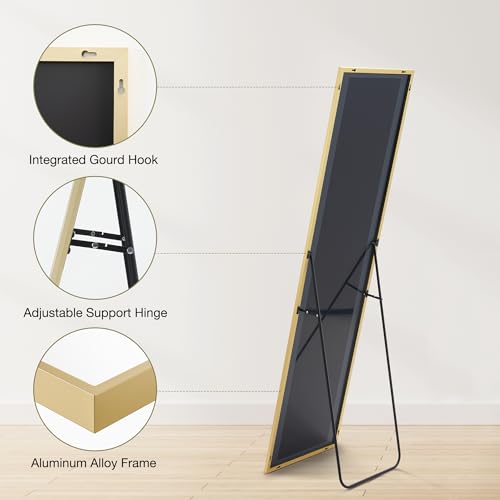 Image of DUMOS Full Length Mirror 59 inchx17 inch Full Body Floor Mirror for Bedroom or Cloakroom, Can Stand Alone, Hang or Lean Against Wall, Tall Wall Mirrors with Stand and Sleek Aluminum Alloy Thin Frame