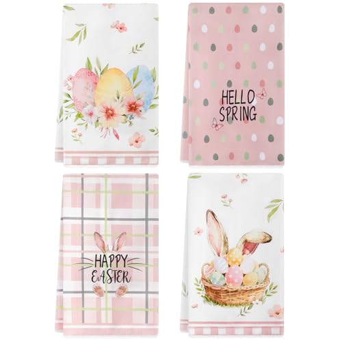 Amandir Easter Bunny Kitchen Towels Pink Rabbit Ears Eggs Floral Leaves Dish Towels Set of 4 18x26 Inch Buffalo Plaid Hello Spring Happy Easter Home Tea Bathroom Seasonal Decorations Hand Towels