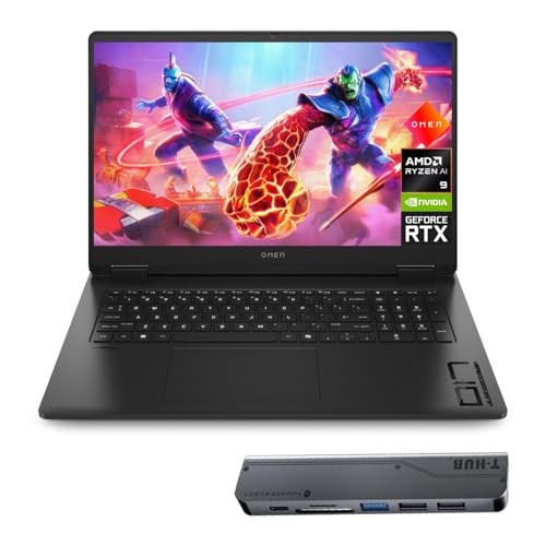 HP OMEN Ryzen 9 5060 Gaming Laptop, 17.3″ FHD IPS 144Hz, AMD Ryzen AI 9 365, RTX 5060, 16GB DDR5 RAM, 1TB SSD, RGB Backlit KB, Low Blue Light, Bundle with Thunderobot 7 in-1 USB-C Hub