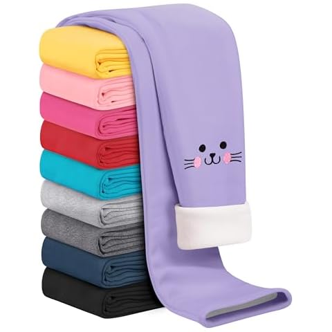Resinta Girls Fleece Lined Leggings Cotton Kitty Print Thermal Pants Thick Warm Tights Winter Clothes for Kids 6-7 Purple Cover