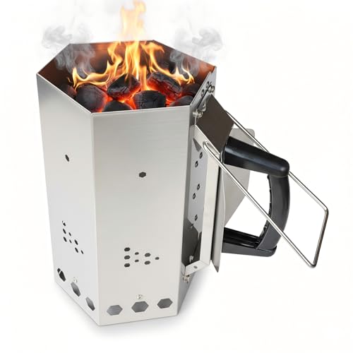 KU-koruo Premium Stainless Steel Charcoal Chimney Starter with Ergonomic Handles, Hexagonal Design, Quick Fire Lighting for Grilling and BBQ