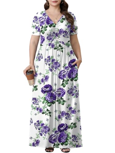 Image of PEVRL Plus Size Summer Maxi Dress for Curvy Women with Pockets 1X-5X | Short Sleeve, Twisted Front V-Neck, Summer Casual A Line Flowy Dress, Empire Waist Floral Print Beach Vacation Long Dress