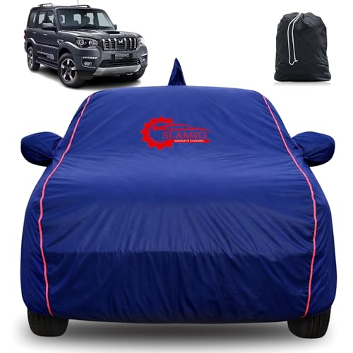 Image of 100% Waterproof Car Cover for Mahindra Scorpio 2002-2005 | All-Weather, Dustproof & UV Protection | Heavy-Duty 3-Layer Fabric | Custom Fit with Mirror & Antenna Pocket | Navy Blue