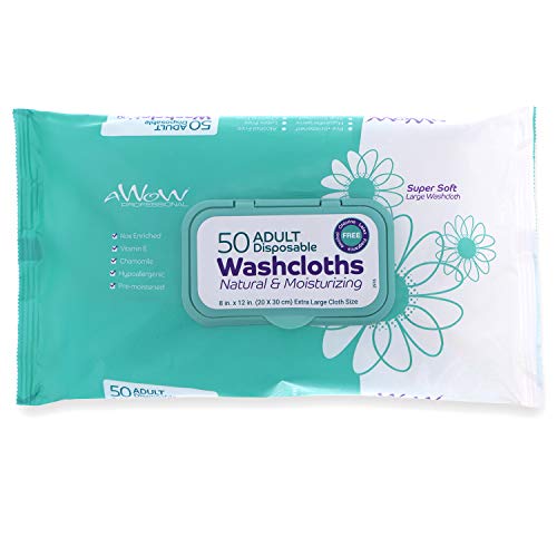 AWOW Professional Natural Adult Disposable Cleansing Washcloths, 50 Large Incontinence Wipes (1 Pack)