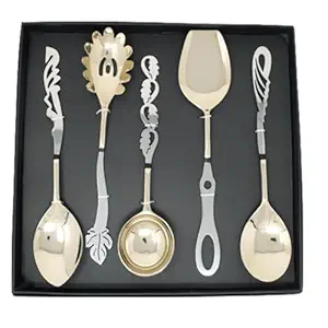 RBHMC Bronze Master Designer Steel Handle Design Bronze Serving Spoon Set of 5 Piece with Mother of Pearl in Black Gift Box || Kansa Serving Spoon Set-Ideal for Dining & Kitchen