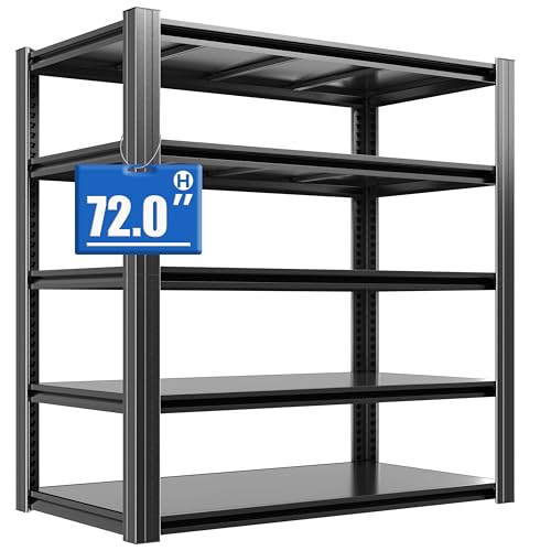 BIZOEIRON 72" H Metal Storage Shelving, 3000LBS Heavy Duty Shelves Unit, Adjustable 5 Tier Storage Rack, Industrial Utility Shelf for Garage, Warehouse, Bedroom, Kitchen,24" D×48"W×72"H, Black