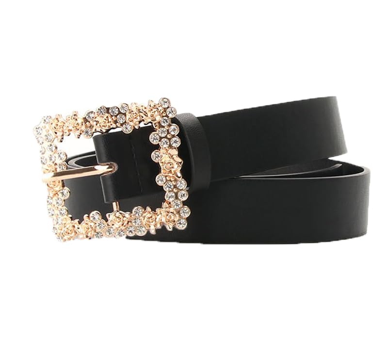 COTIM COYIN Women Rhinestone Leather Belt, Rhinestone and Gold Rose Square Buckle Belt for Pants Dress Jeans