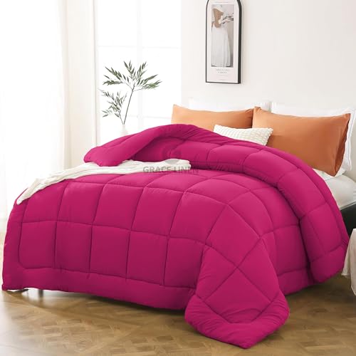 Image of 600 GSM Heavy Winter Comforter King Size 92 inchX106 inch - Luxurious Soft Fluffy Winter Blanket Comforter /Rajai /Duvet King Size - Hot Pink Color