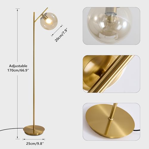 Image of Mid Century Modern Floor Lamp for Living Room Retro Vintage Brass Standing Light Industrial Cognac Glass Globe Floor Freestanding Lamp for Office Hotel Bedroom
