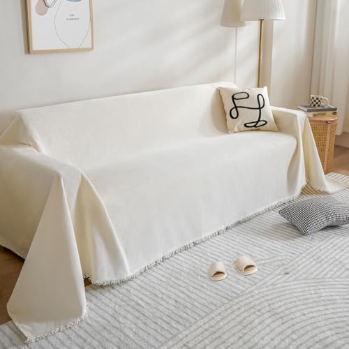 BUSVORES Sofa Überwurfdecke, Chenille Mit Fransen Sofabezug, AntiRutsch Couch Schutz für Haustiere Haare Kinder Hund Katze, Vielseitige Dekorative Sofaüberwurf für Familie(Beige, 230x380 cm)