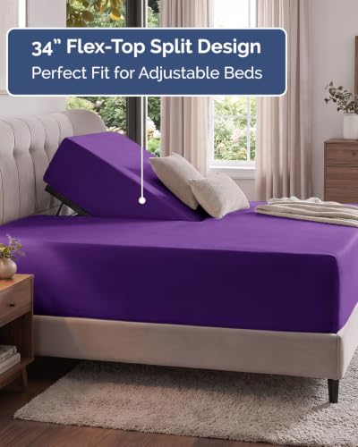 Image of Extra Deep Flex Top Split Head King Fitted Sheet - Hotel Luxury Single Fitted Sheet Only - Easily Fits 18 inch to 24 inch Mattress - Ultra Soft, Wrinkle Free w /Extra Deep Pockets - Purple