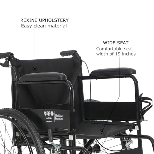 Image of Antara AGEasy (Max Group) Foldable Wheelchair for Old people, Adults & Patients | Extra Wide Seat, Spoke Wheels, Hand Brakes & Bottle Holder | Sturdy Frame, Lightweight, Adjustable Footrest and Seatbelt for Safety (WheelEasy Pro - Black)