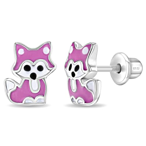 925 Sterling Silver Adorable Enamel Little Girls Fox Screw Back Earrings with Pink Enamel - Fashionable Jewelry for Children & Preteens - Fun & Colorful Fox Earrings